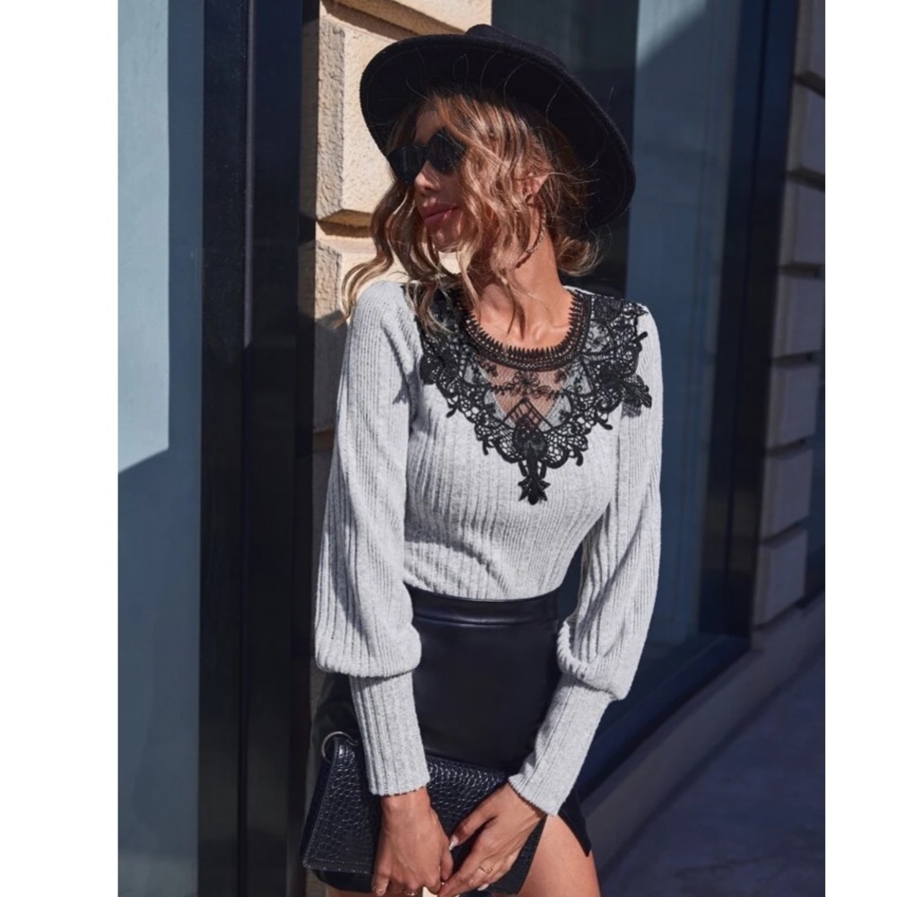 Gray Ribbed Contrast Lace Sweater